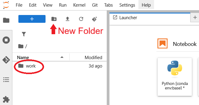 The navigation sidebar in BadgerCompute. The 'work' directory is circled and the 'New Folder' button is highlighted.