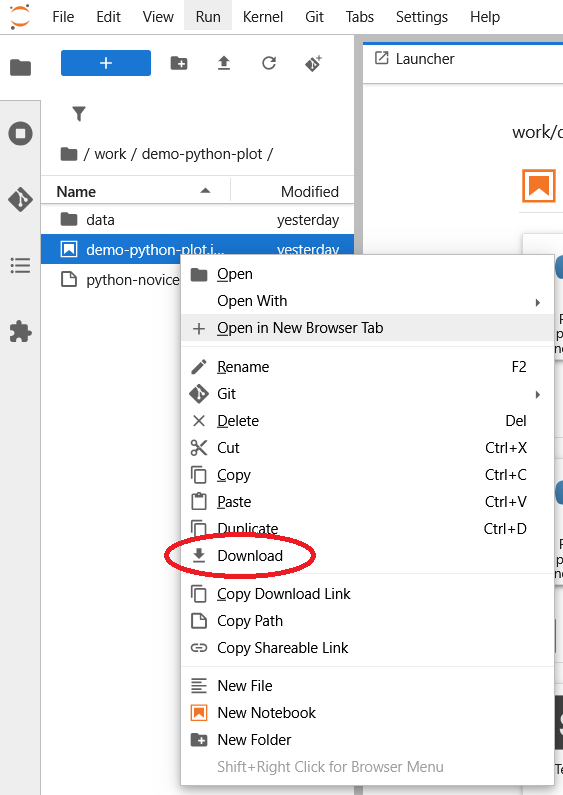 The context menu for a file with the download buttton highlighted.